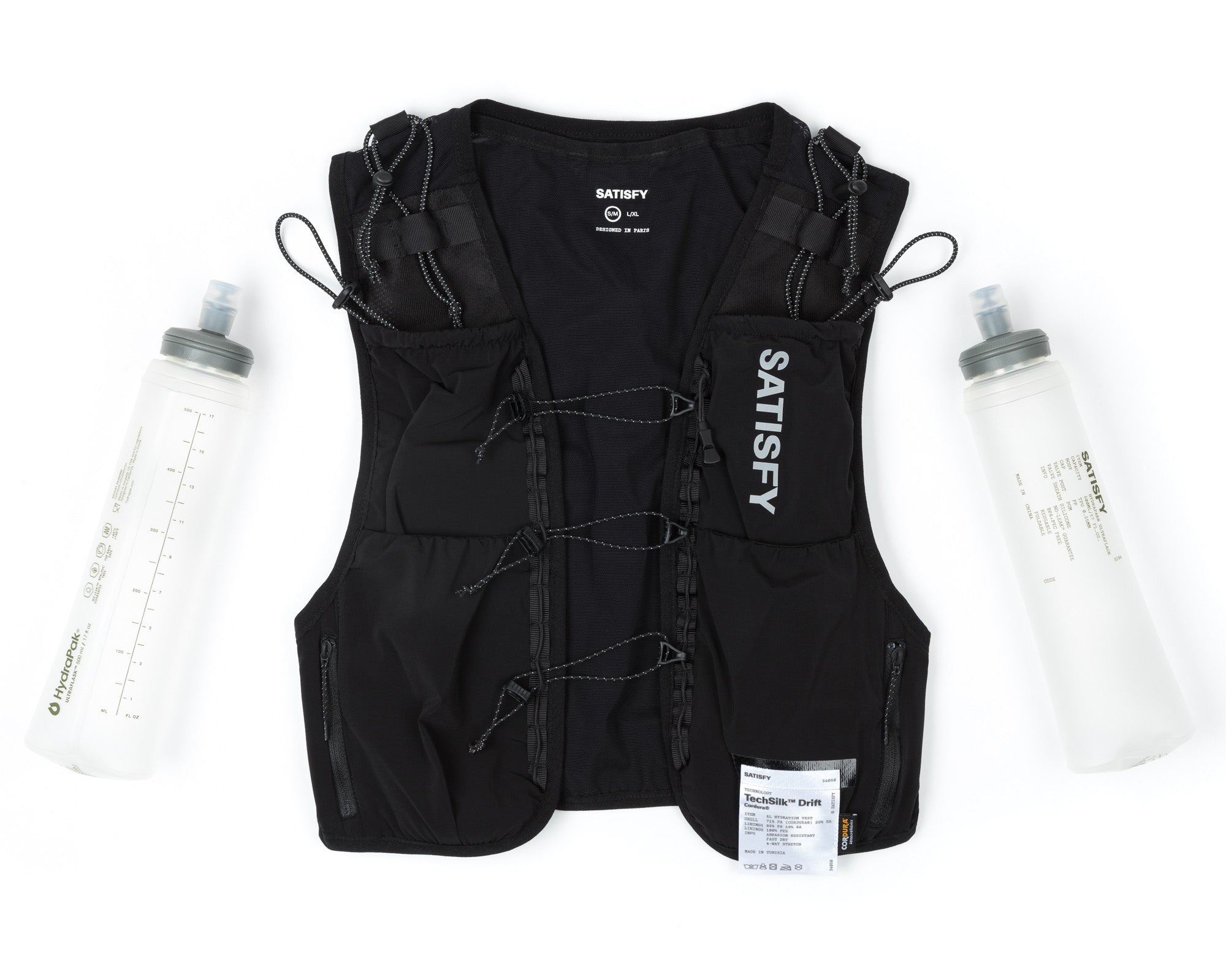 ウォーキング・ランニングウェア SATISFY L/X JUSTICE HYDRATION VEST 5L TechSilk™ Drift Cordura® 5L Hydration Vest Black – SATISFY